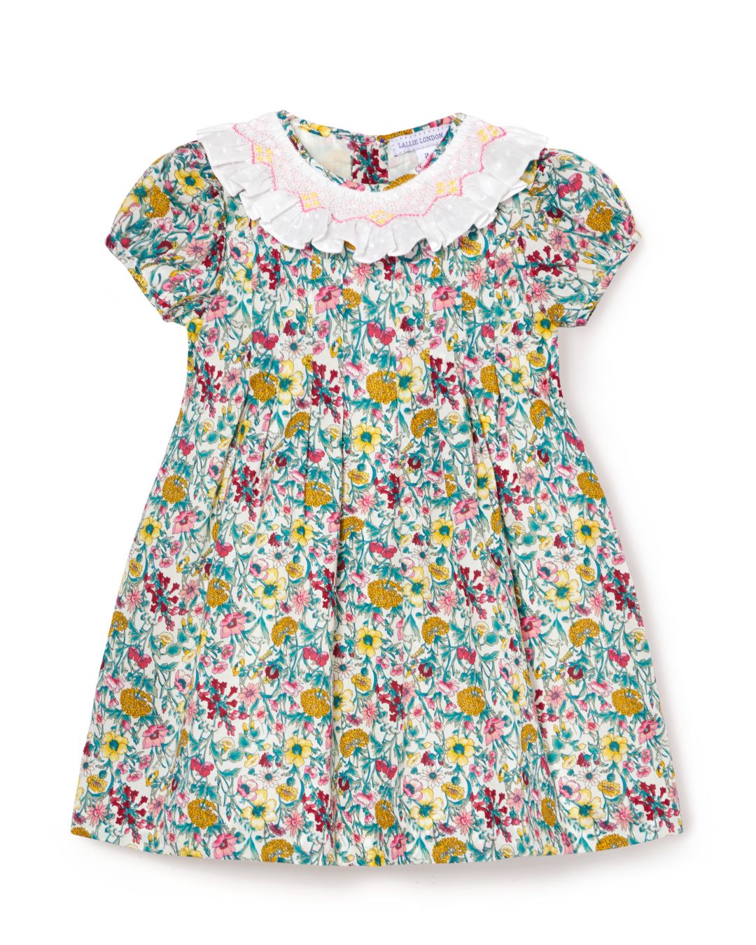 Charlotte Dress | Hand Smocked Frill Collar Dress in Pink and Green floral
