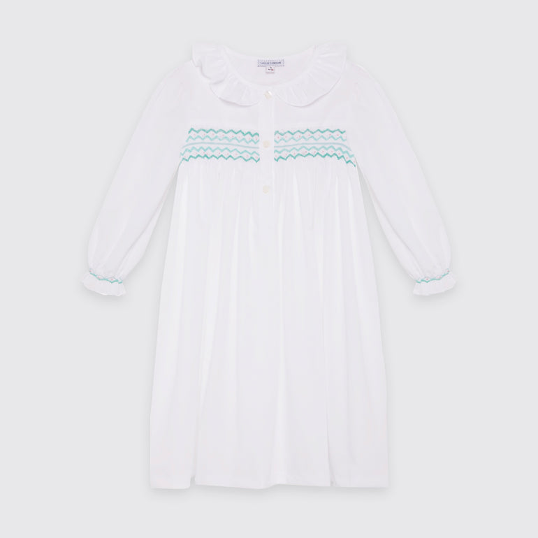 White nightdress with hand smocked.  Smocking panel in mint green and pale pink.  Traditional nightwear for children.  Smocked cuff. Frill collar cotton nightie 